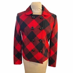 Jones New York Red and Black Checkered Peacoat